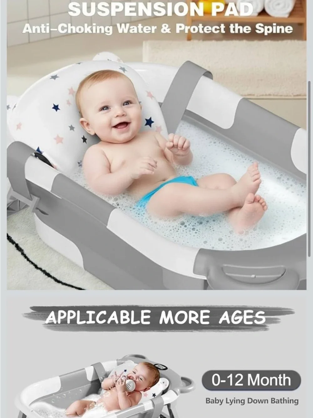 Grey Foldable Baby Bath Tub with Cushioned Support and Thermometer